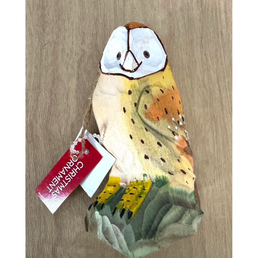 Hand-Carved Wooden Owl Christmas Ornament 4 1/4" High - Picture 5 of 8
